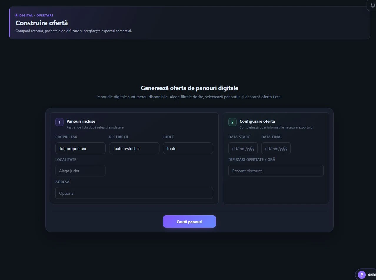 Formular de ofertare Digital cu filtre de rețea, perioade și difuzări ofertate