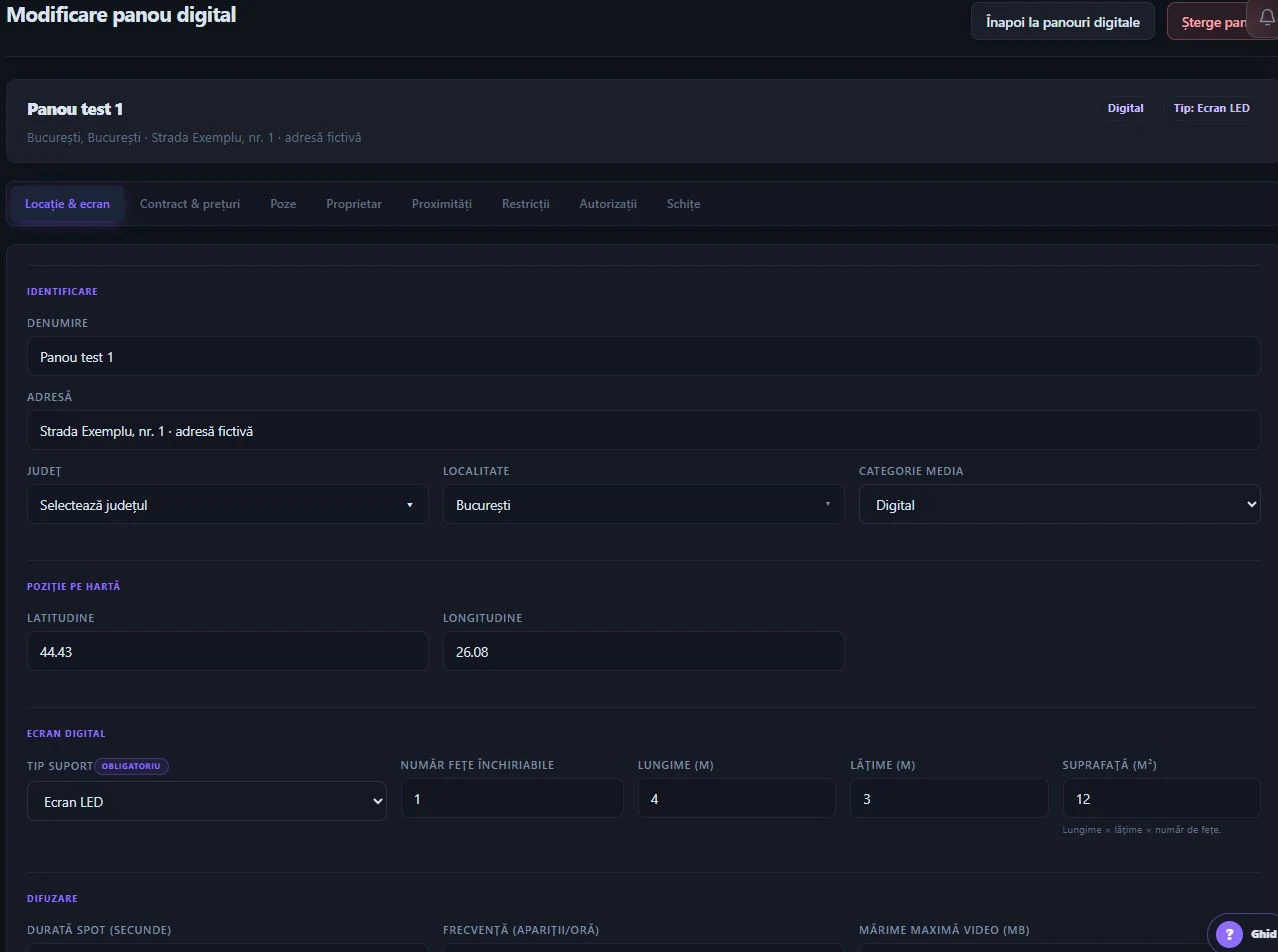Configurarea unui ecran Digital: localizare, tip, număr de fețe și dimensiuni