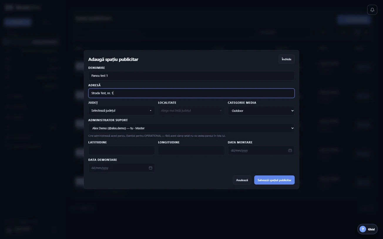 Formular real de adăugare a unui spațiu Outdoor, nesalvat, cu administratorul fictiv